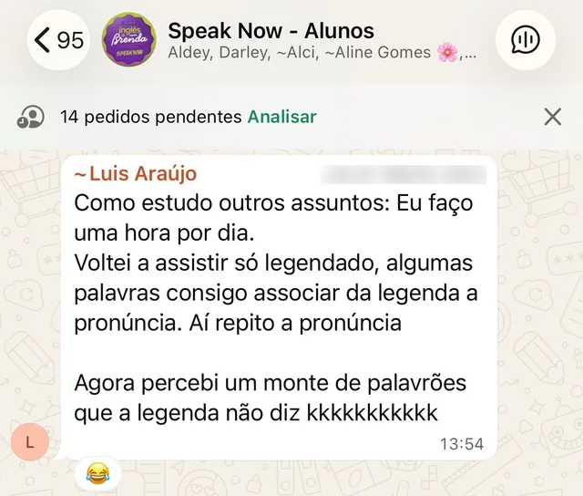 Print da comunidade de alunos do Speak Now no WhatsApp