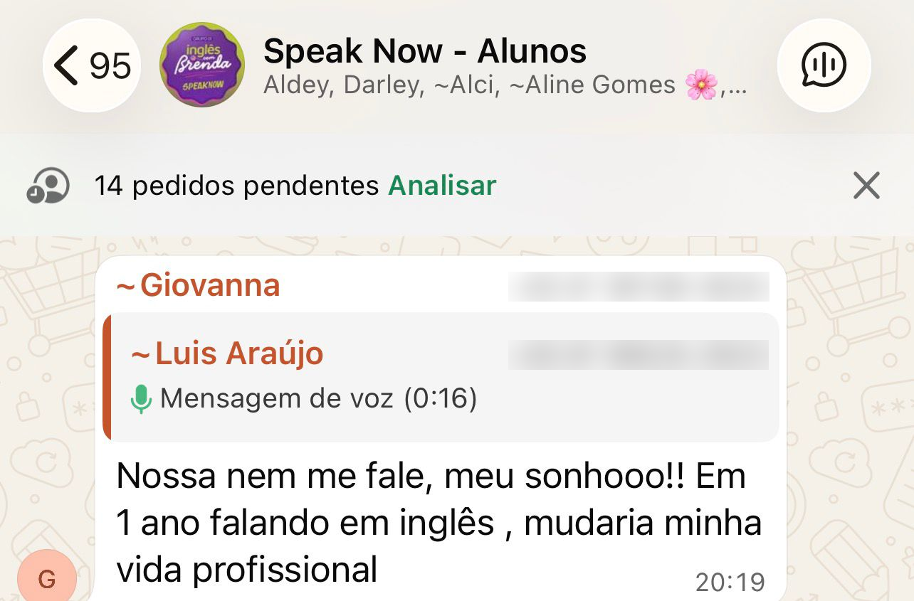 Print da comunidade de alunos do Speak Now no WhatsApp