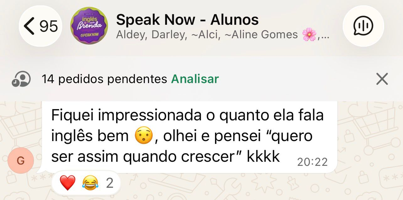 Print da comunidade de alunos do Speak Now no WhatsApp