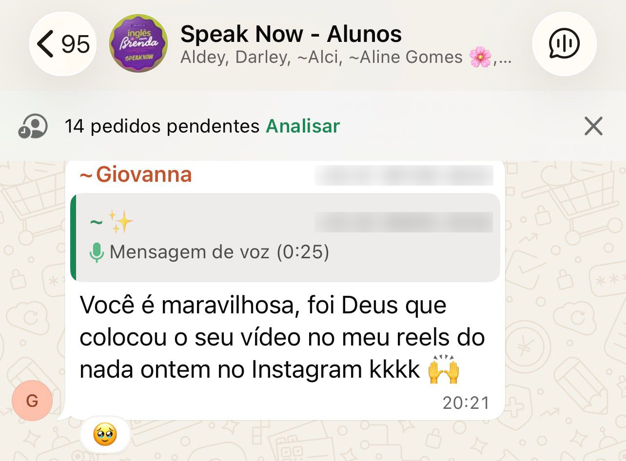 Print da comunidade de alunos do Speak Now no WhatsApp