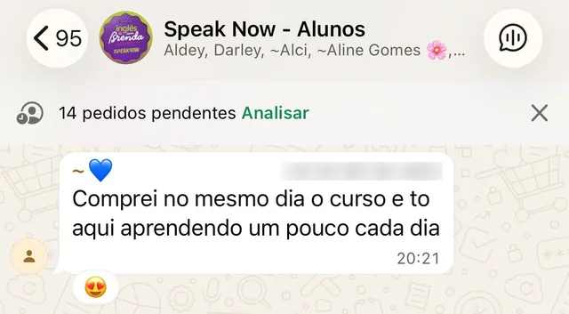 Print da comunidade de alunos do Speak Now no WhatsApp