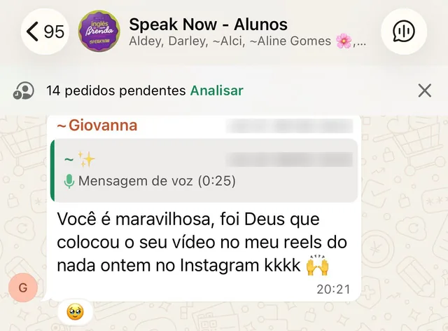 Print da comunidade de alunos do Speak Now no WhatsApp
