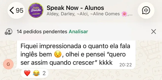 Print da comunidade de alunos do Speak Now no WhatsApp