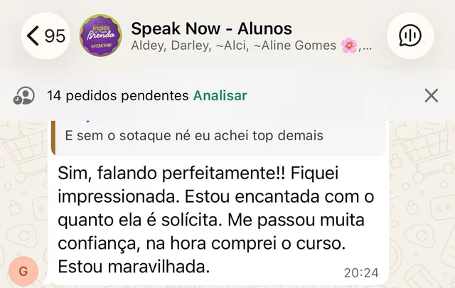 Print da comunidade de alunos do Speak Now no WhatsApp