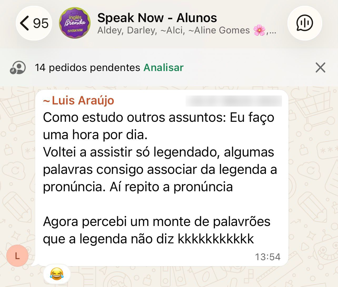 Print da comunidade de alunos do Speak Now no WhatsApp