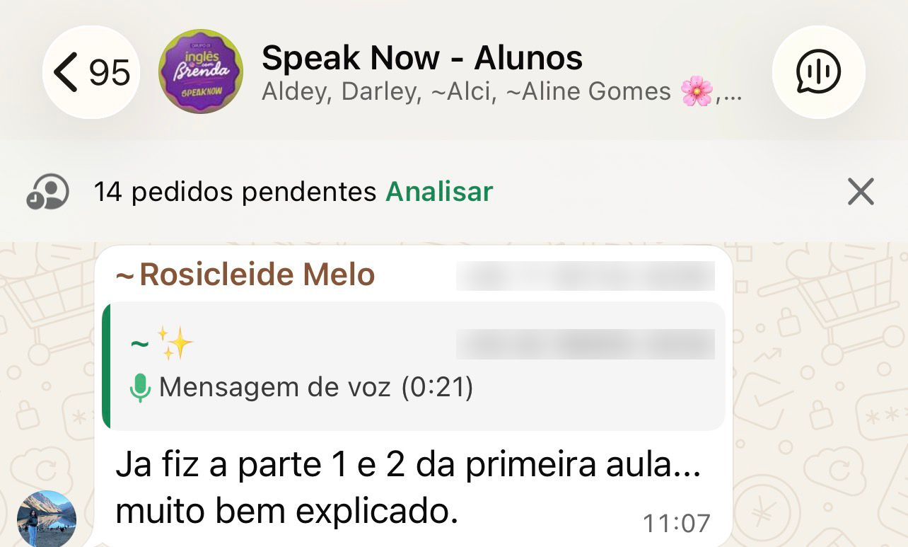 Print da comunidade de alunos do Speak Now no WhatsApp