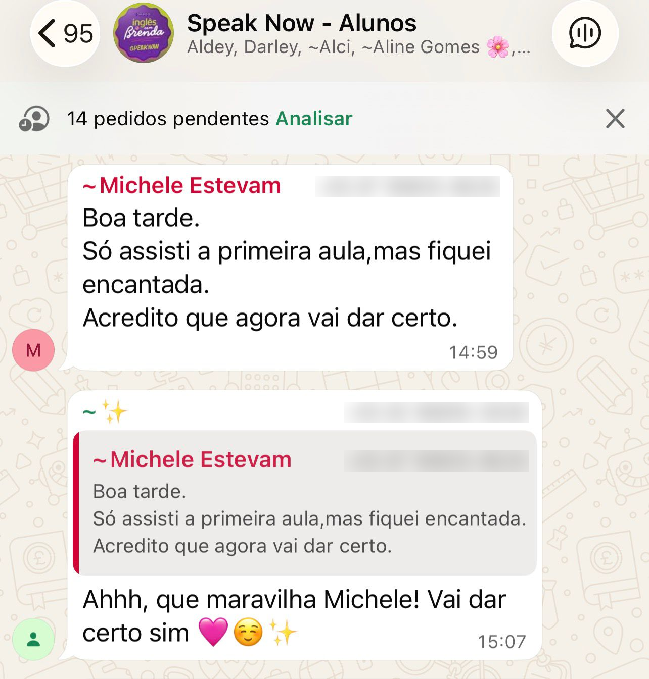 Print da comunidade de alunos do Speak Now no WhatsApp
