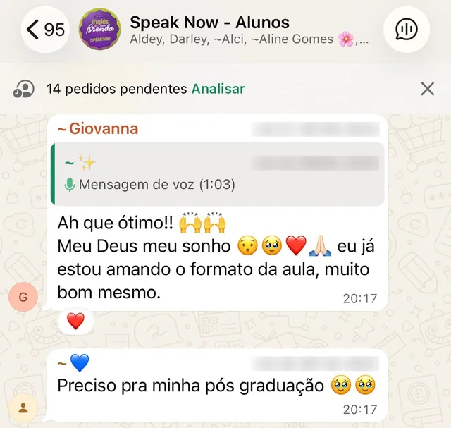 Print da comunidade de alunos do Speak Now no WhatsApp