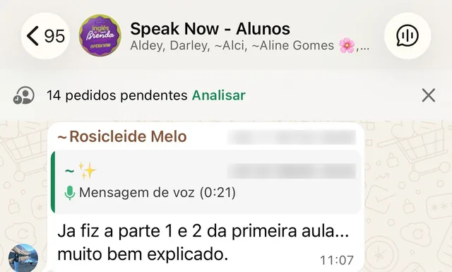 Print da comunidade de alunos do Speak Now no WhatsApp