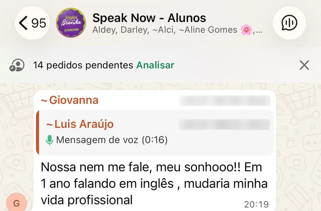 Print da comunidade de alunos do Speak Now no WhatsApp