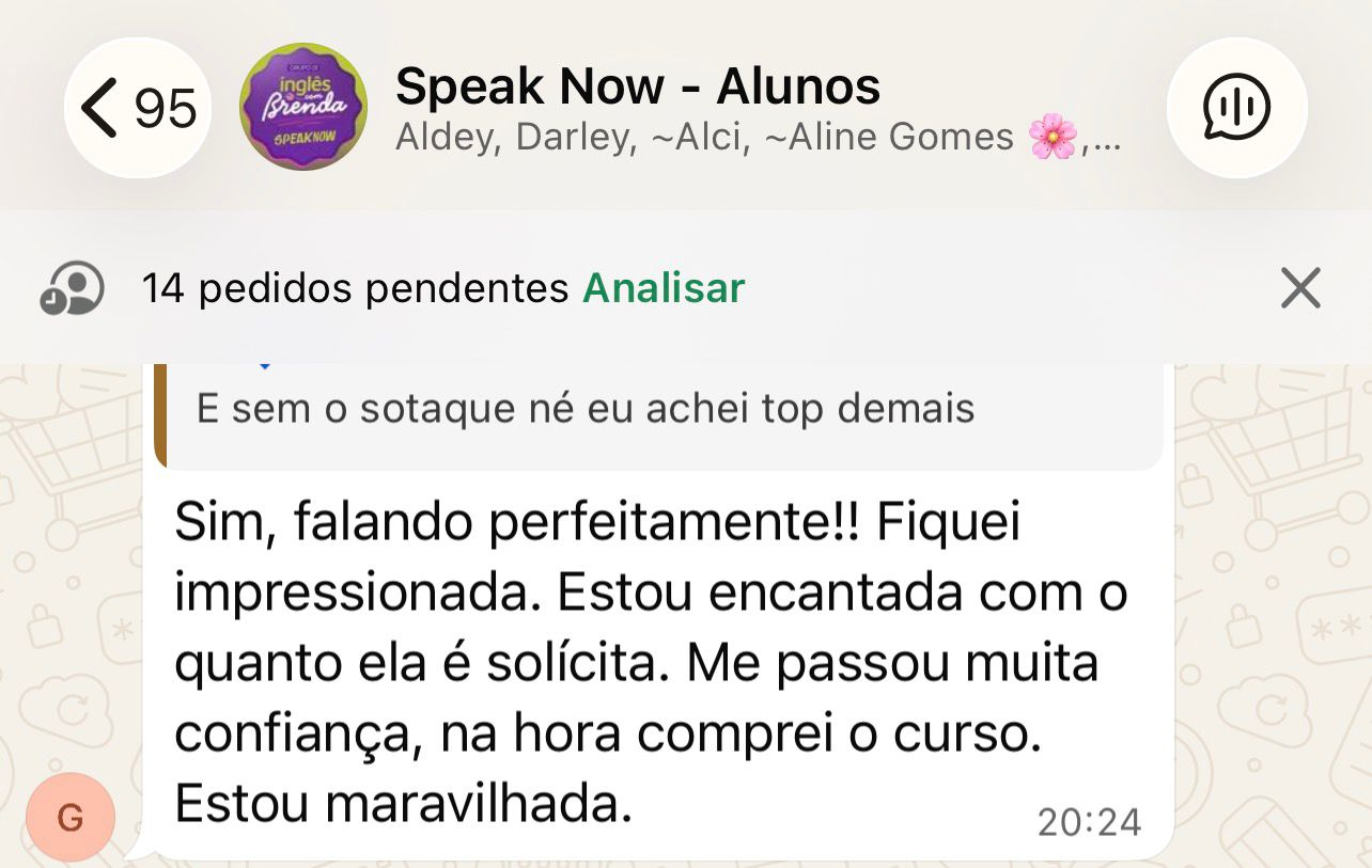 Print da comunidade de alunos do Speak Now no WhatsApp