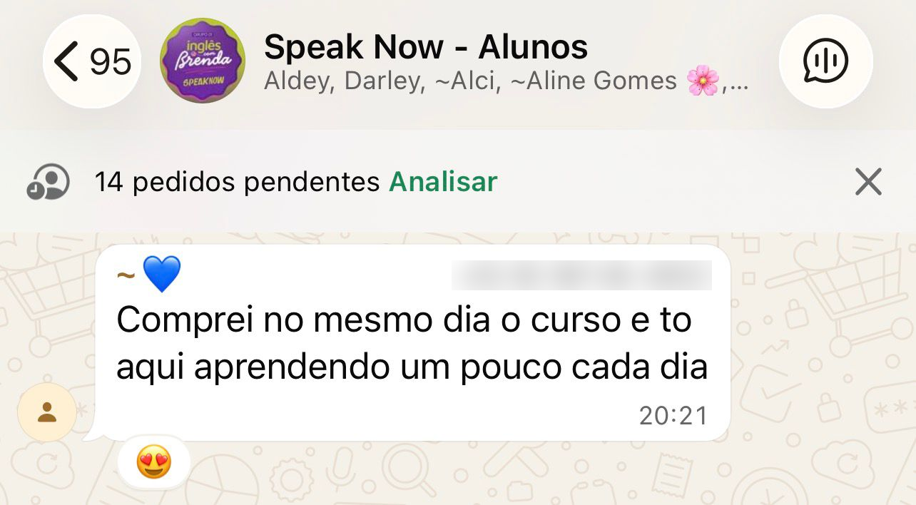 Print da comunidade de alunos do Speak Now no WhatsApp