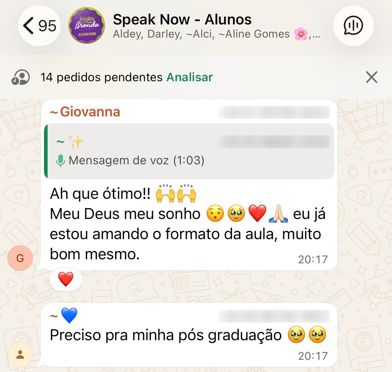 Print da comunidade de alunos do Speak Now no WhatsApp